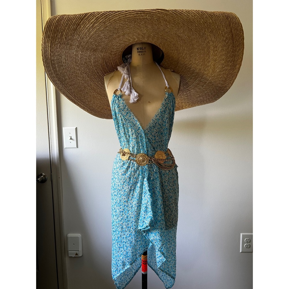 Pop St Barth Blue Floral Gold Foil Halter Cover Up Dress‎ Euro Vacation Chic OS